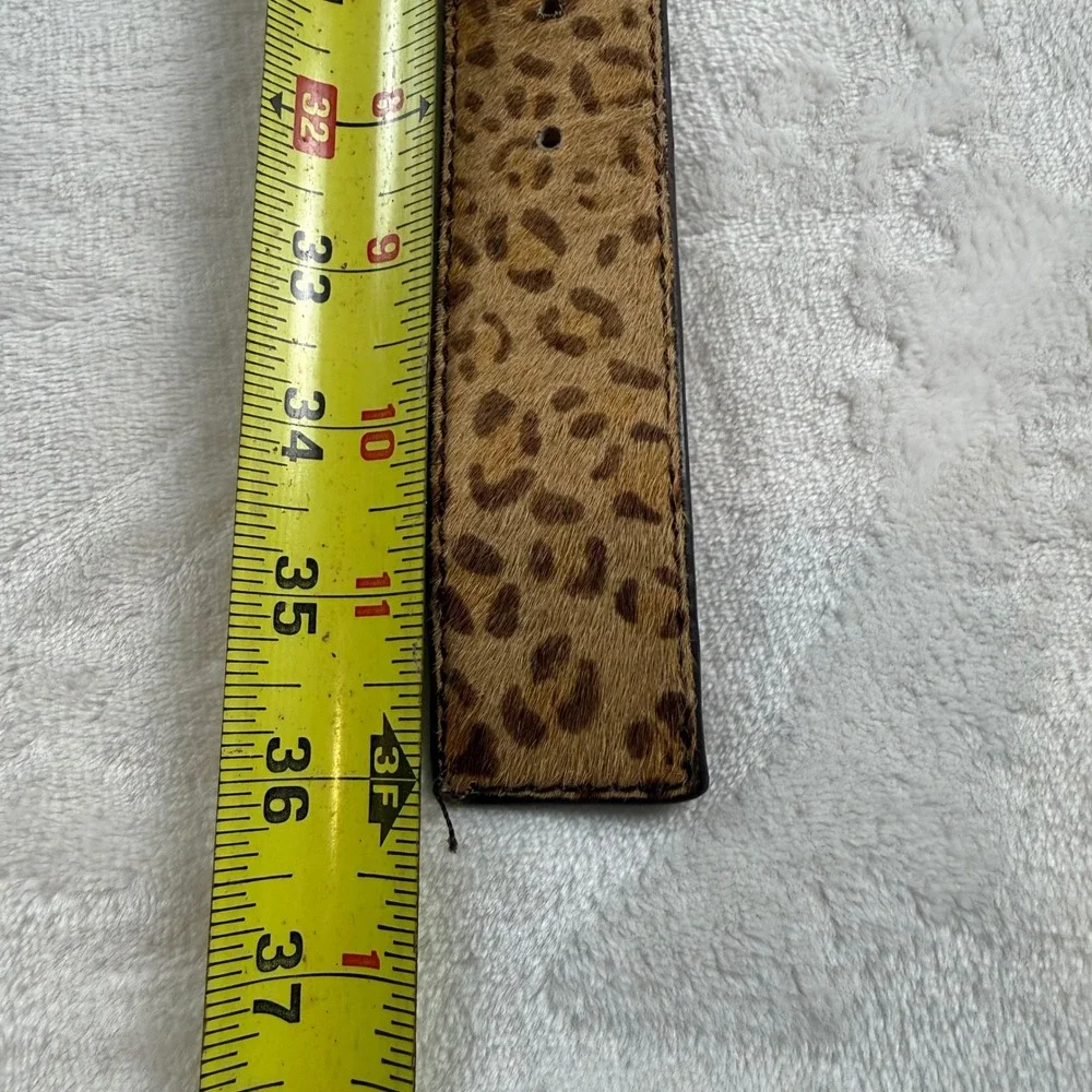 Leopard Calf Hair Belt Womens Small Brown Gold Square Buckle Leather Face Wide